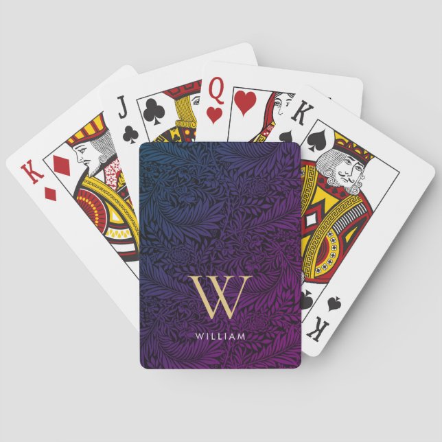 Boho Purple Botanical Gold Monogram Name Playing Cards (Back)