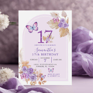 Boho Purple Butterfly Arch 17th Birthday Invitation