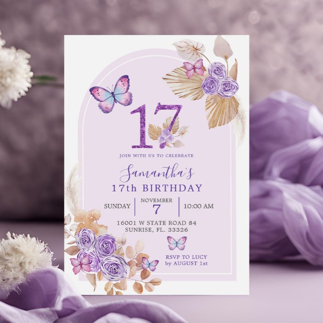 Boho Purple Butterfly Arch 17th Birthday Invitation (Creator Uploaded)
