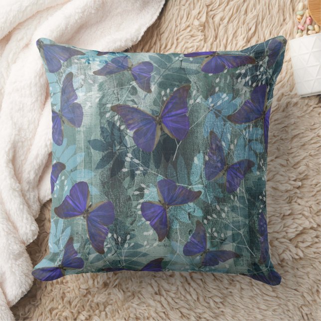 Boho Purple Butterfly & Cyan Botanical Original Cushion (Blanket)