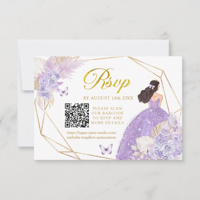 Boho Purple Butterfly Girl Quinceañera QR RSVP Card (Front)