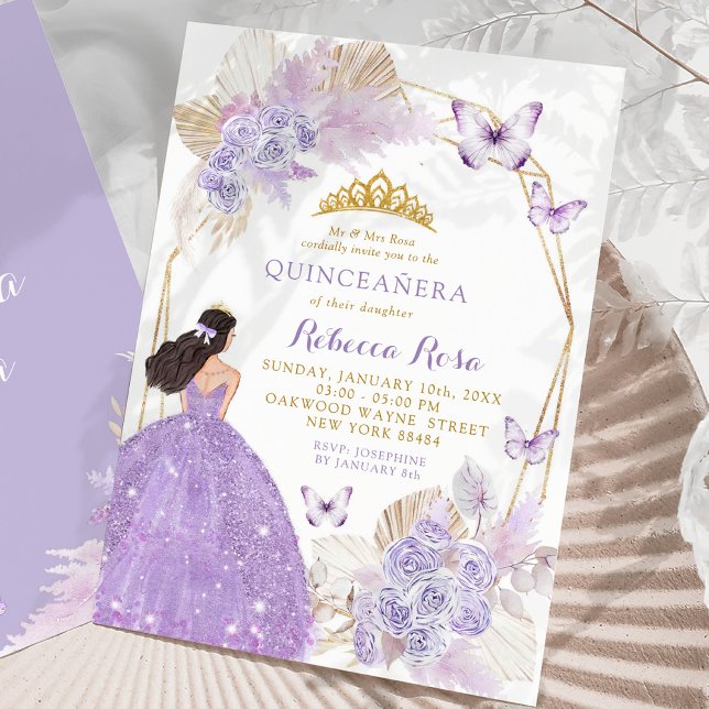 Boho Purple Butterfly Mexican Princess Quinceañera Invitation (Creator Uploaded)