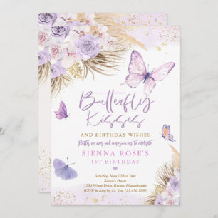 Boho Purple Butterfly Pampas Grass Birthday Party Invitation