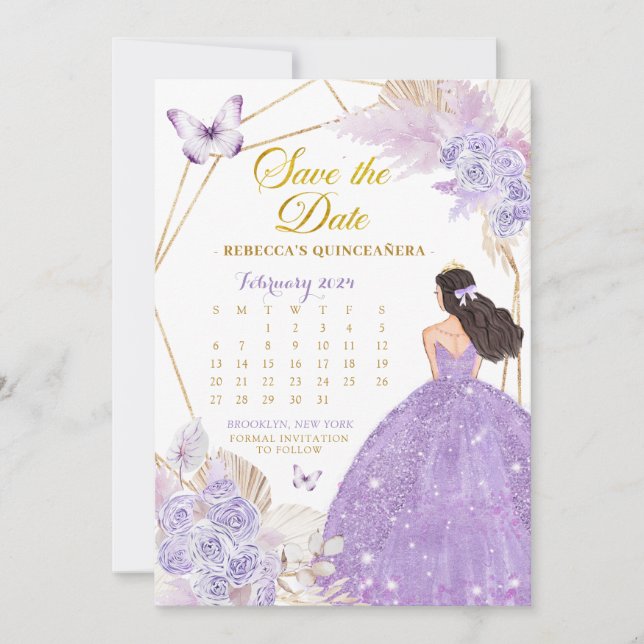 Boho Purple Butterfly XV Save The Date Calendar Invitation (Front)
