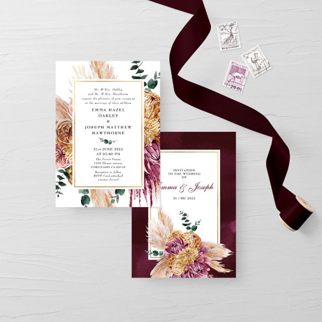 Boho Purple chic floral pampas luxury Wedding Invitation (Creator Uploaded)
