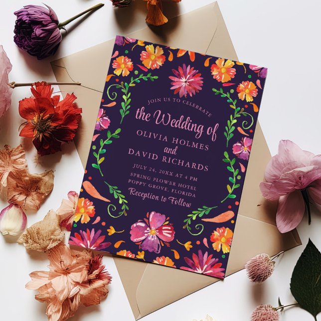 Boho Purple Colourful Mexican Floral Fiesta Weddin Invitation (Boho Purple Colorful Mexican Floral Fiesta Wedding Invitation on a table surrounded with flowers)