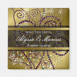 Boho Purple Dotted Spirals Chic Gold Save The Date Magnet