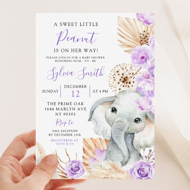 Boho Purple Elephant Girl Floral Baby Shower Invitation (Creator Uploaded)