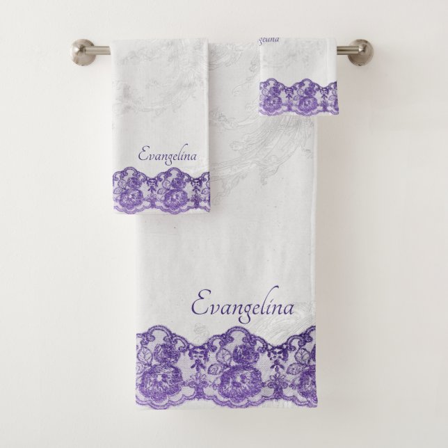 Boho Purple Faux Lace Personalised Bath Towel Set (Insitu)