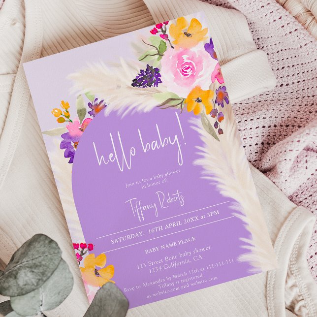 Boho purple floral arch girl hello baby shower invitation (Creator Uploaded)