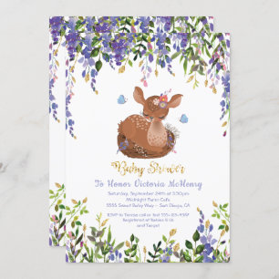 Boho Purple Floral Baby Deer Shower Invitation