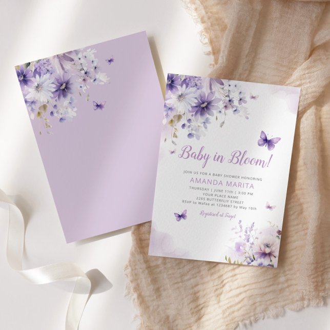 Boho Purple Floral Baby in Bloom Girl Baby Shower Invitation (Creator Uploaded)