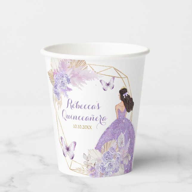 Boho Purple Floral Butterfly Princesa Quinceañera Paper Cups (Front)