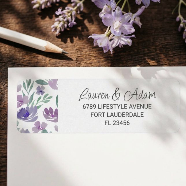Boho Purple floral & Calligraphy Wedding Return Address Label (Creator Uploaded)