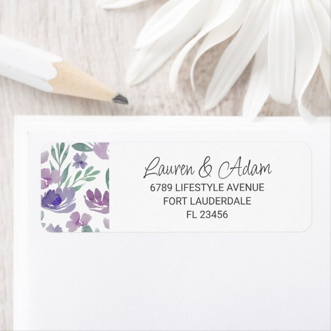 Boho Purple floral & Calligraphy Wedding Return Address Label (Insitu)