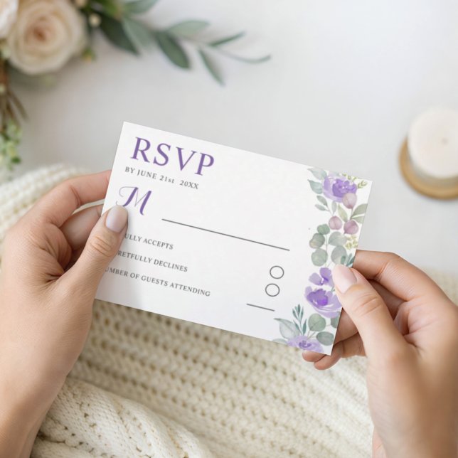 Boho Purple Floral Eucalyptus Wedding RSVP (Creator Uploaded)
