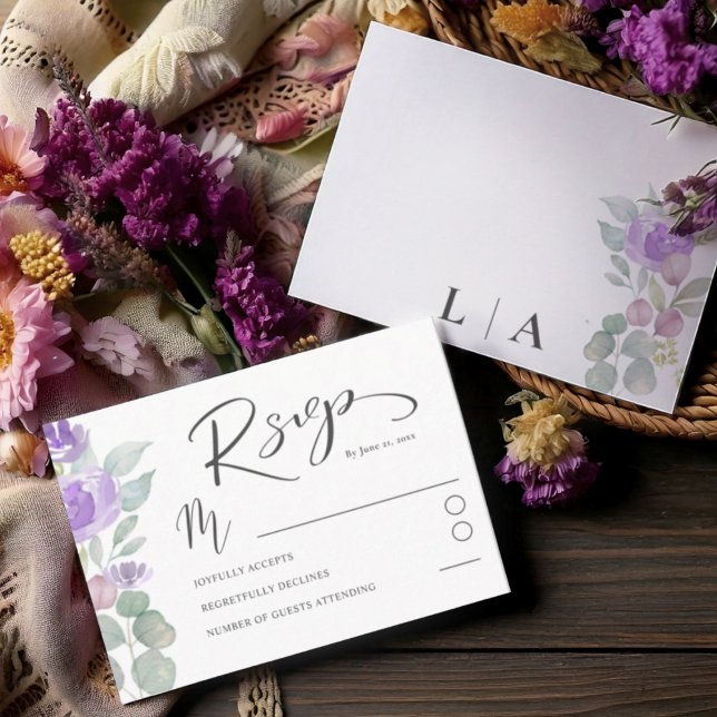 Boho Purple Floral Eucalyptus Wedding RSVP (Creator Uploaded)