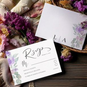 Boho Purple Floral Eucalyptus Wedding RSVP Card