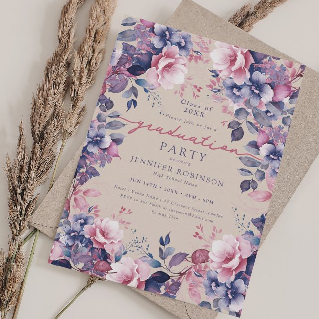 Boho Purple Floral Graduation Party Champagne  Invitation (Boho Purple Floral Graduation Party Champagne Invitation)