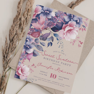 Boho Purple Floral Sweet 16 Birthday Champagne  Invitation