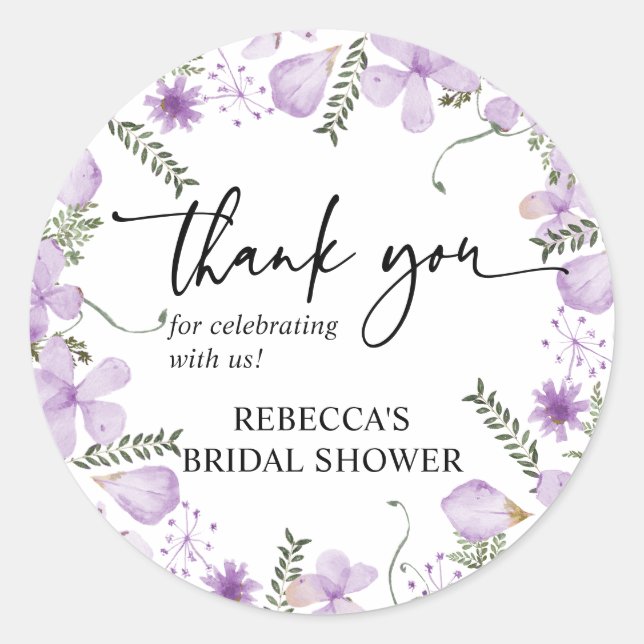 Boho Purple Floral Thank You Favour Sticker (Front)