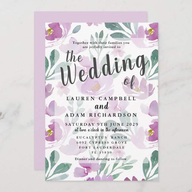  Boho Purple Floral Wedding Invitation (Front/Back)