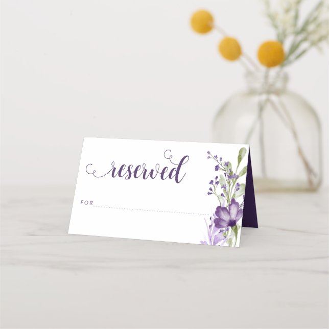 Boho Purple Floral Wedding Reserved Tent Place Card (Front)