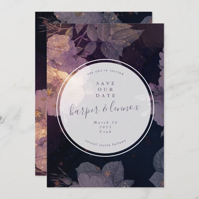 Boho Purple Floral Winter Circle Photo Save The Date (Front/Back)