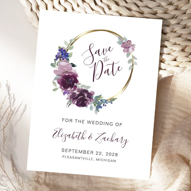 Boho Purple Floral Wreath Blank Save the Date Postcard (Creator Uploaded)