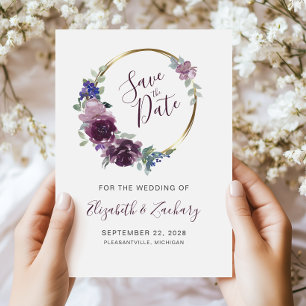 Boho Purple Floral Wreath Gold Frame Save the Date Invitation