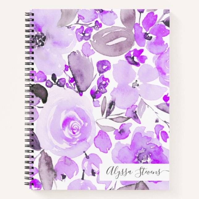 Boho purple flowers floral watercolor pattern notebook (Front)