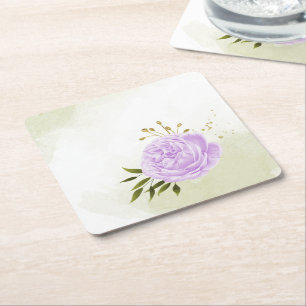Boho purple flowers green leaves botanical square paper coaster