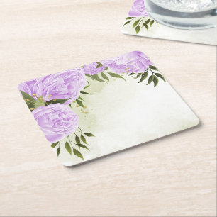 Boho purple flowers green leaves botanical square paper coaster