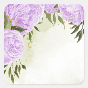 Boho purple flowers green leaves botanical square sticker
