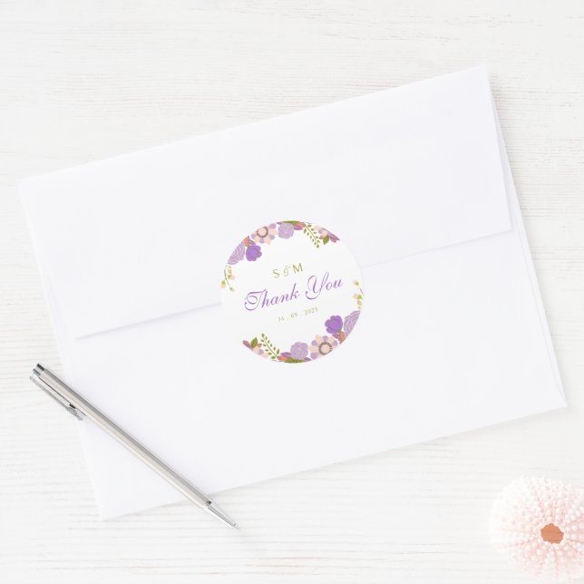 Boho Purple Green Party Favours Floral Wedding Classic Round Sticker (Envelope)