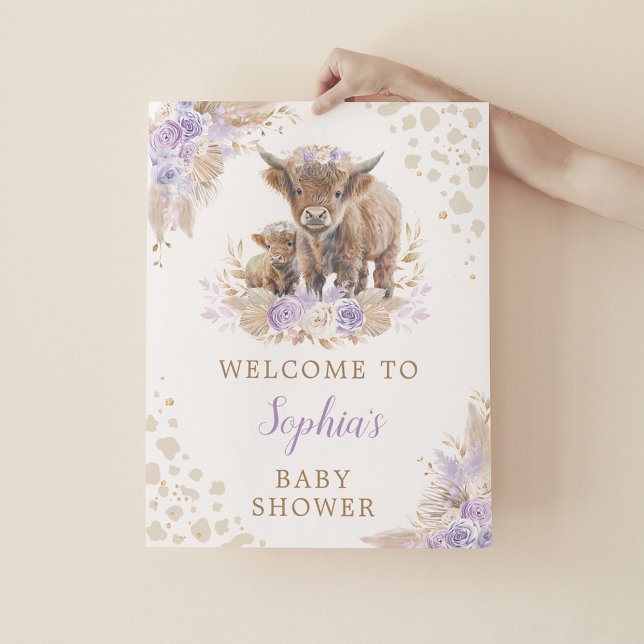 Boho Purple Highland Cow Baby Girl Shower Welcome Poster (Creator Uploaded)