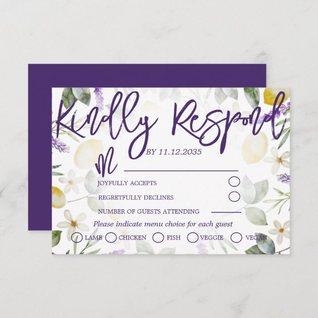 Boho Purple Lavender & Lemons Wedding RSVP (Front/Back)