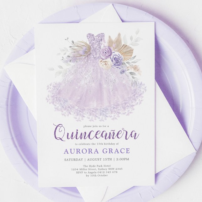 Boho Purple Lilac Quinceañera Princess Dress Invitation (Creator Uploaded)