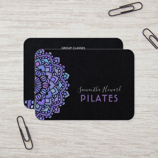 Boho Purple Mandala Pilates Black Business Card (Front/Back In Situ)