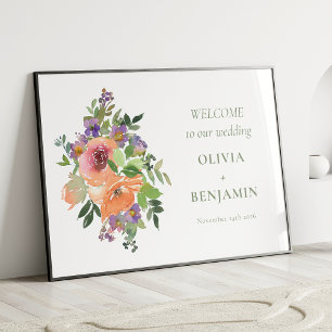 Boho Purple Orange Floral Wedding Welcome Poster