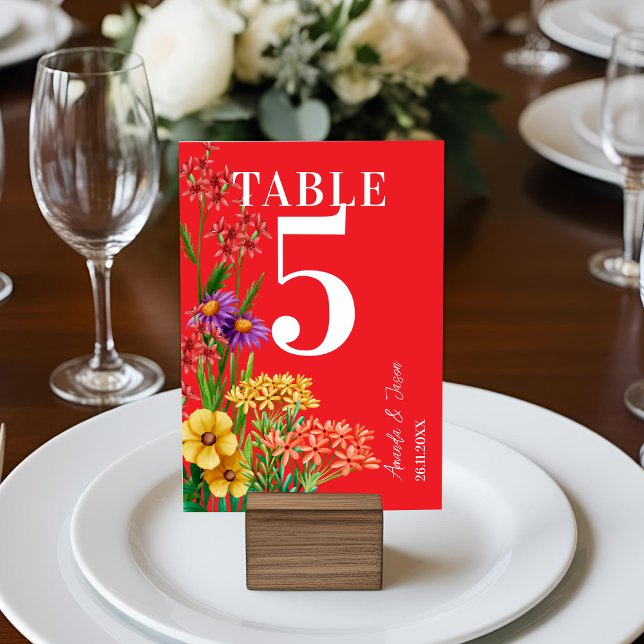 Boho Purple Orange Wildflower Wedding Table Number (Purple Orange Wildflowers Wedding Table Number)