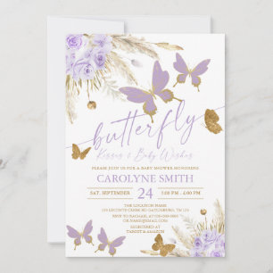 Boho Purple Pampas Grass Butterfly Kisses Invitation