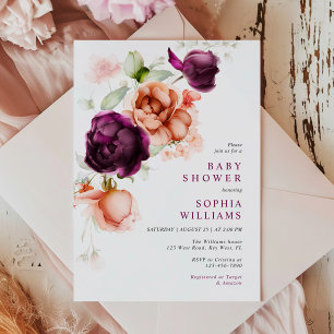 Boho Purple & Peach Flowers Baby Shower Invitation