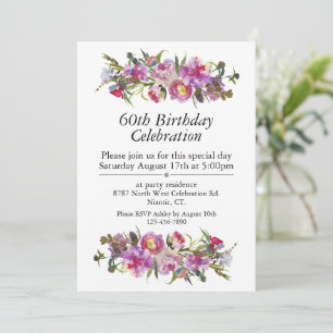Boho Purple Peony Customisable 60th Birthday Invitation