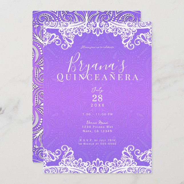 Boho Purple Pink White Lace 15th Quinceañera Party Invitation (Front/Back)