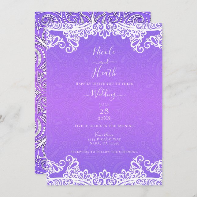 Boho Purple Pink White Lace Bold Pattern Wedding Invitation (Front/Back)