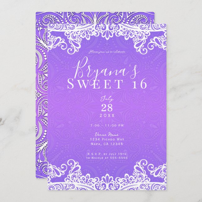 Boho Purple Pink & White Lace Bold Sweet 16 Party  Invitation (Front/Back)
