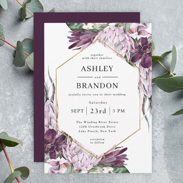 Boho Purple Plum Tropical Botanical Wedding Invitation (Creator Uploaded)