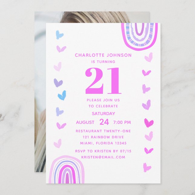 Boho Purple Rainbow Modern 21st Birthday Party Invitation (Front/Back)