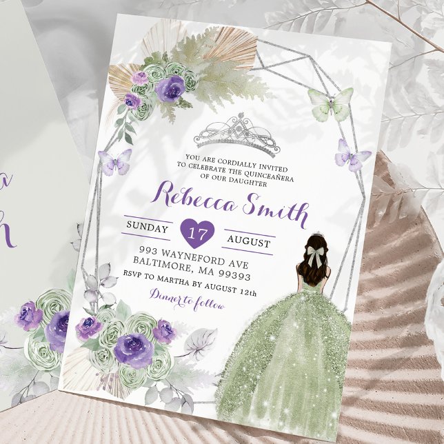 Boho Purple Sage Green Geometric Quinceañera Invitation (Creator Uploaded)